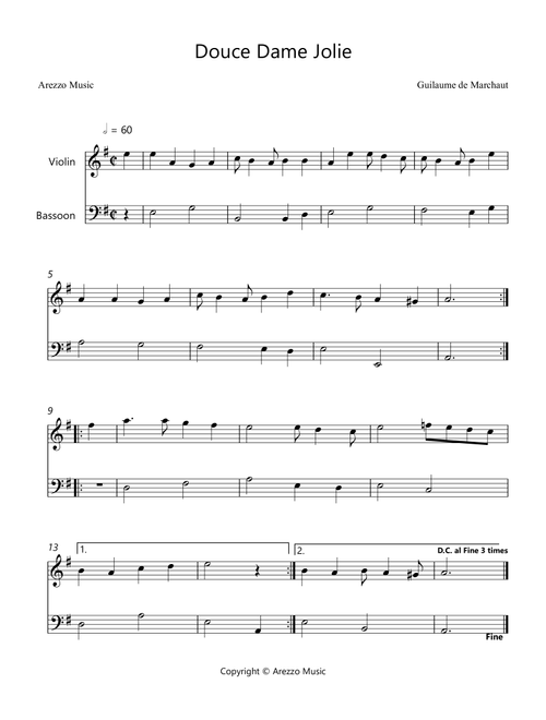 Douce Dame Jolie - Violin and Bassoon Arrangement (Arr. Arezzo Music) - Guillaume de Machaut (Instrumental Duet)