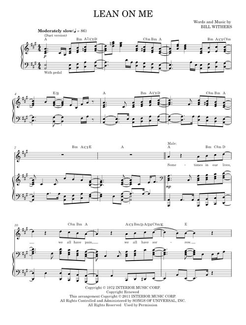 Lean On Me (Vocal Duet) - Bill Withers, Glee TV Series, Glee Cast (Piano Vocal)