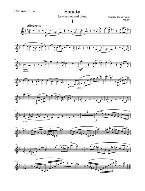 Sonata Op.167 by C. Saint-Saens, Clarinet part (Arr. Saho Omukai) (Clarinet Solo)