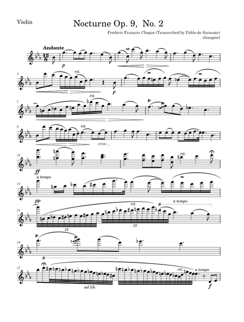 Nocturne Op. 9 No. 2 for Violin (Sarasate)