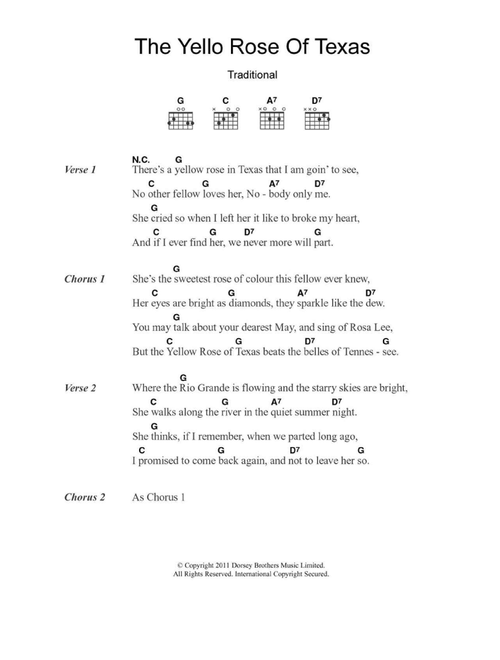 The Yellow Rose Of Texas - Traditional (Guitar Chords-Lyrics)