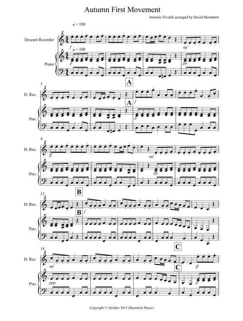 Autumn "Four Seasons" for Descant Recorder and Piano (Arr. David Burndrett) - Antonio Vivaldi (Instrumental Duet)