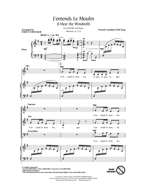 J'entends Le Moulin (I Hear the Windmill) (arr. Emily Crocker) - French Canadian Folk Song (Choral, SATB)