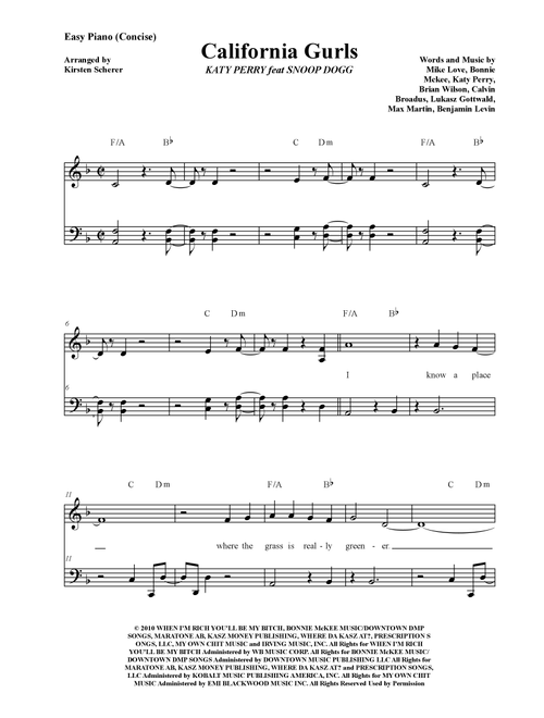 California Gurls (Arr. Kirsten Scherer) - Katy Perry Featuring Snoop Dogg (Easy Piano)