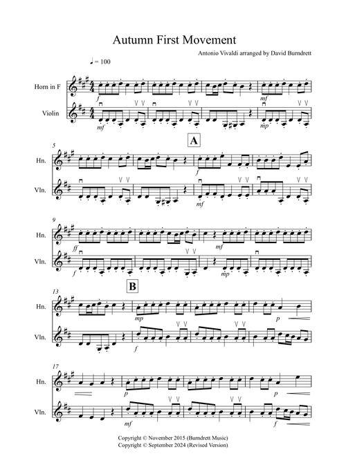 Autumn "Four Seasons" for Horn and Violin Duet (Arr. David Burndrett) - Antonio Vivaldi (Instrumental Duet)