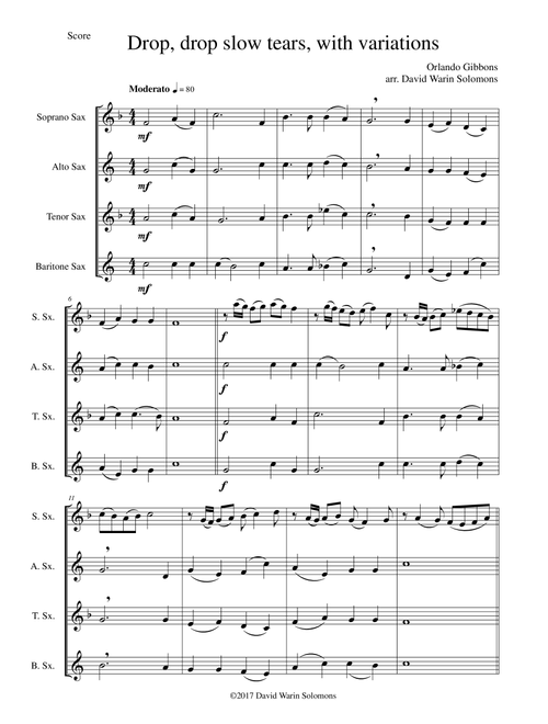 Drop, drop slow tears, with variations, for saxophone quartet (Arr. David Warin Solomons) - Orlando Gibbons (Woodwind Ensemble)