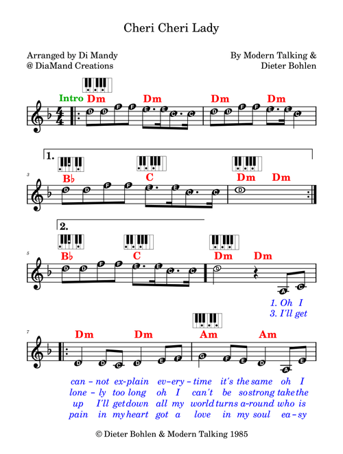 Cheri Cheri Lady (Arr. Dianne Mandy) - Modern Talking (Lead Sheet - Fake Book)