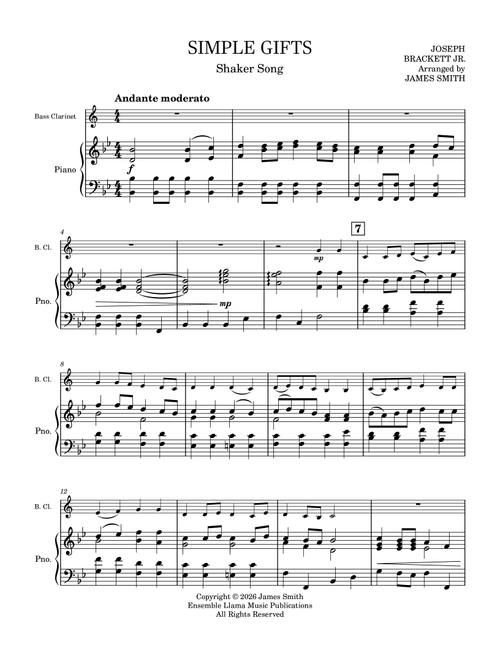 Simple Gifts Bass Clarinet Solo & Piano Accompaniment (Arr. James Smith) - Joseph Brackett Jr (Clarinet and Piano)