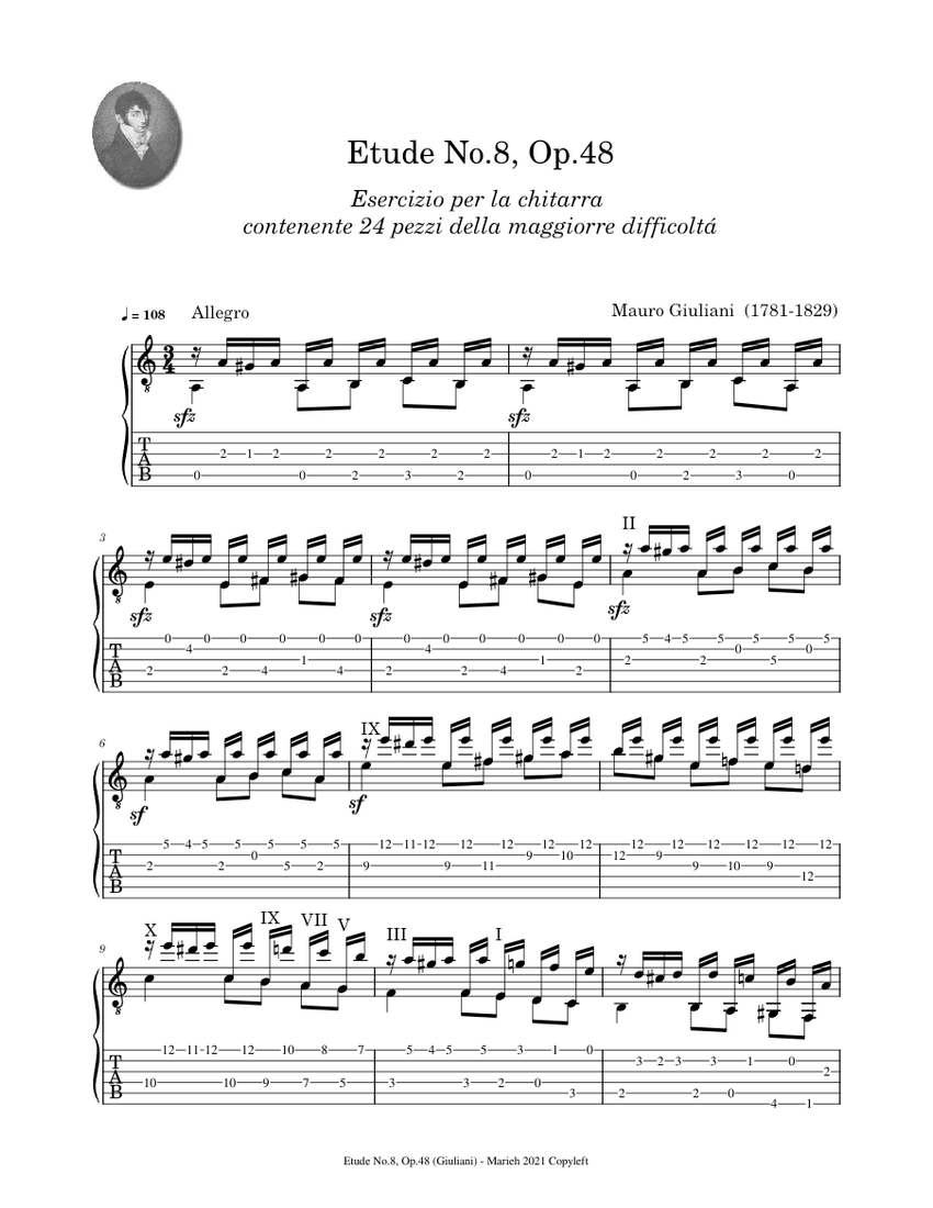 Etude No.8, Op.48 – Mauro Giuliani - Tablature Sheet Music and Tab