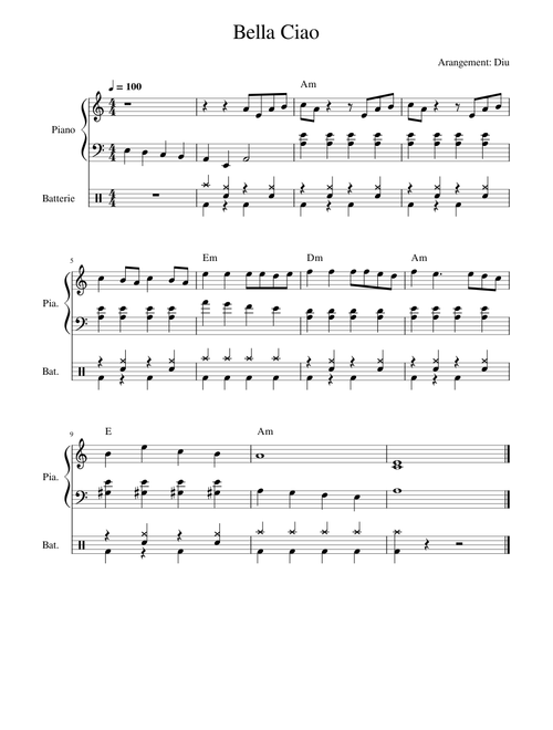 Bella ciao – La Casa de Papel Bella Ciao piano batterie
