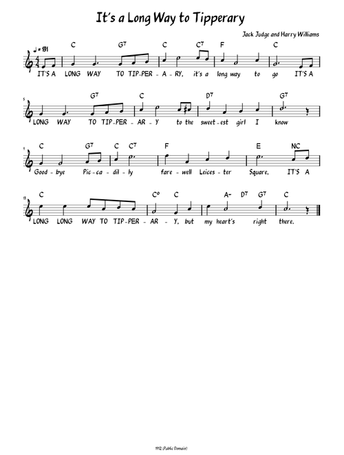 It's a Long Way to Tipperary (Lead sheet with lyrics )