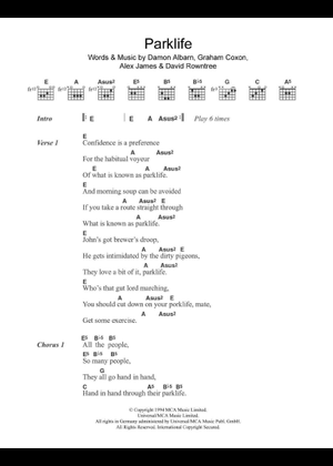 Parklife – Blur Sheet Music and Tab for Organ, Kazoo, Saxophone