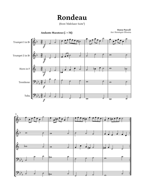 Rondeau from "Abdelazer Suite" by Henry Purcell - For Brass Quintet (Arr. Henrique Oliveira) (Brass Ensemble)
