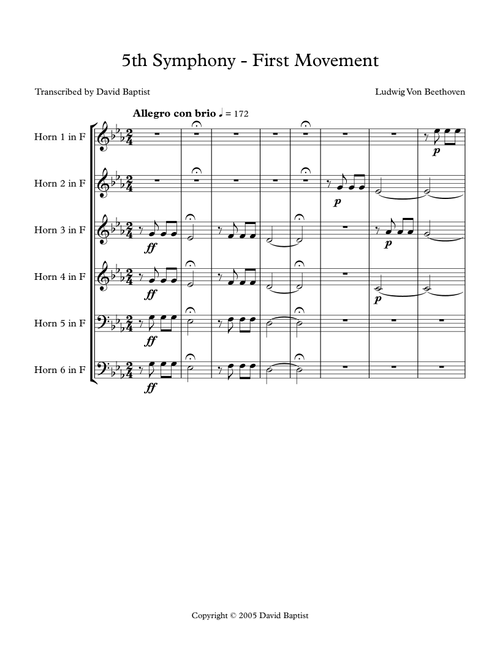 Fifth Symphony - First Movement for Horn Sextet (Arr. David Baptist) - Ludwig Von Beethoven (Brass Ensemble)