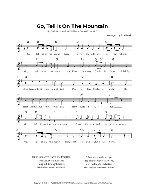 Go, Tell It On The Mountain (Key of G Major) (Arr. R. Salvario) - African-american Spiritual, John W. Work Jr (Lead Sheet - Fake Book)