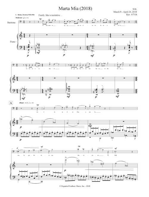 Marta Mia (2018) piano-vocal score - Thomas Oboe Lee (Vocal Solo)