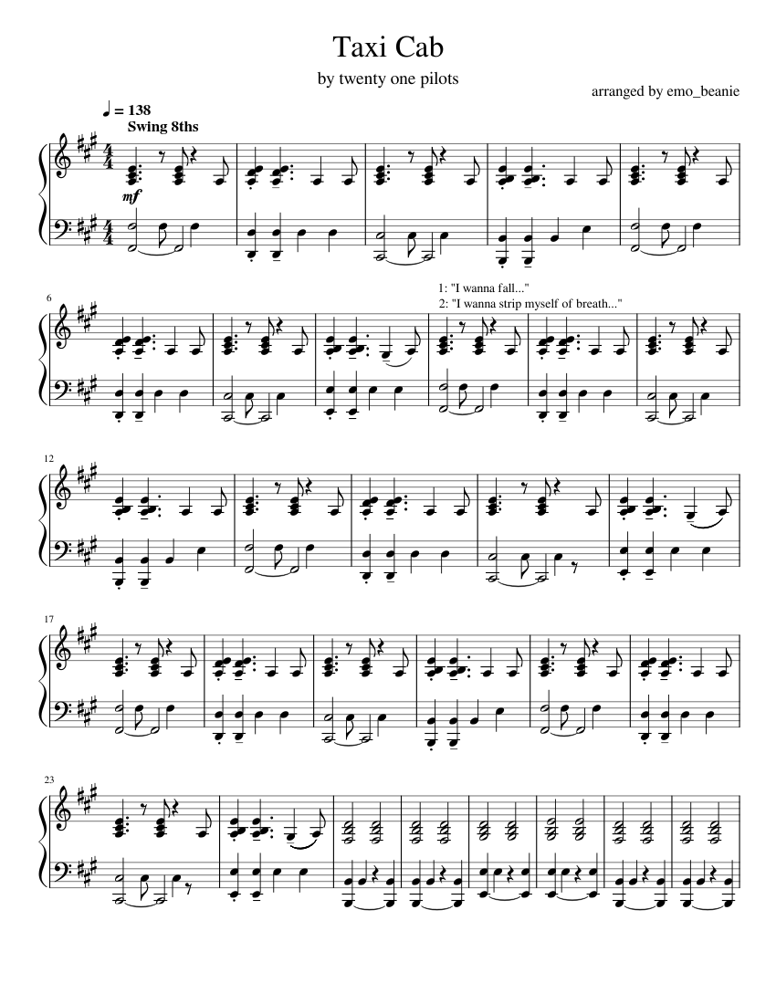 Taxi Cab - twenty one pilots Sheet Music for Piano (Solo) easy ...