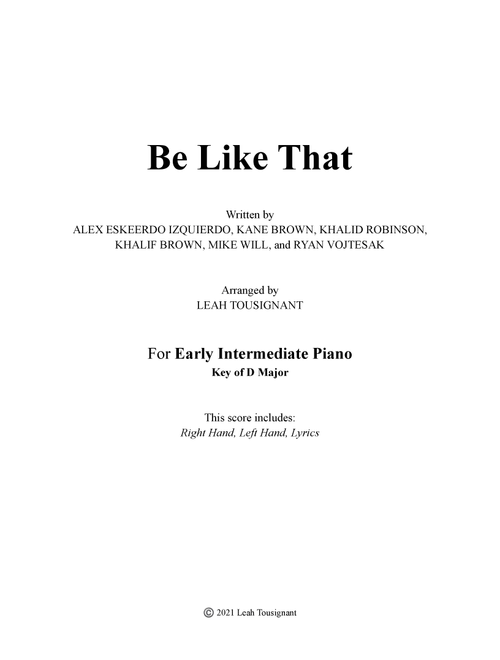Be Like That (Arr. Leah Tousignant) - Kane Brown (Piano Vocal)