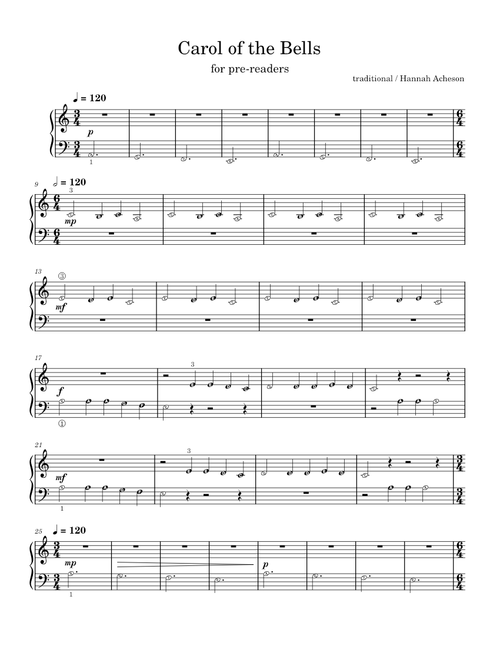 Carol of the Bells for Pre-Reading Beginner Piano