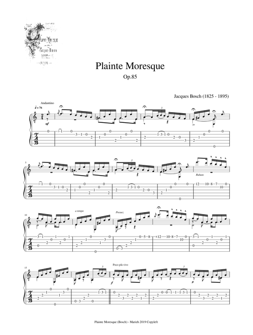 Plainte Moresque Op.85 - Jacques Bosch (1825 - 1895) - Tablature
