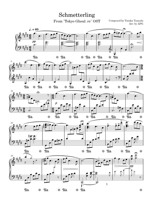 [Piano Sheet] Tokyo Ghoul: re OST - Schmetterling - Yutaka Yamada Full Version WITH CADENZA