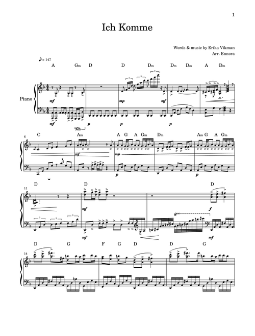 Ich Komme (Arr. Arr. Ennora) - Erika Vikman (Piano Solo)