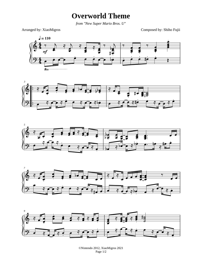 Overworld Theme - New Super Mario Bros. U Sheet Music for Piano (Solo ...