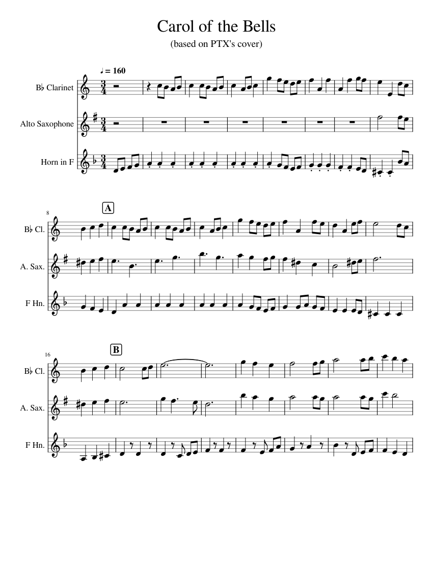 Carol of the Bells Sheet Music for Clarinet in b-flat, Saxophone alto ...