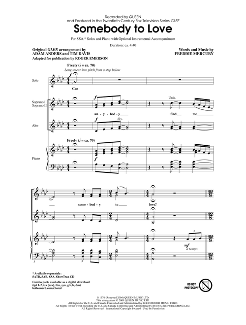 Somebody To Love (arr. Roger Emerson) (Arr. Tim Davis) - Glee Cast, Queen (Choral, SSA)