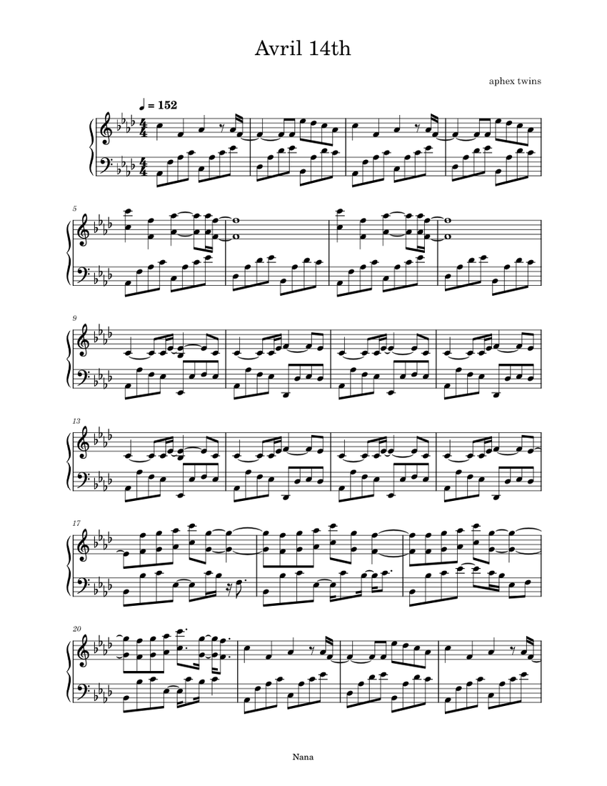 Avril 14th – Aphex Twin Sheet Music For Piano (Solo) | Musescore.com