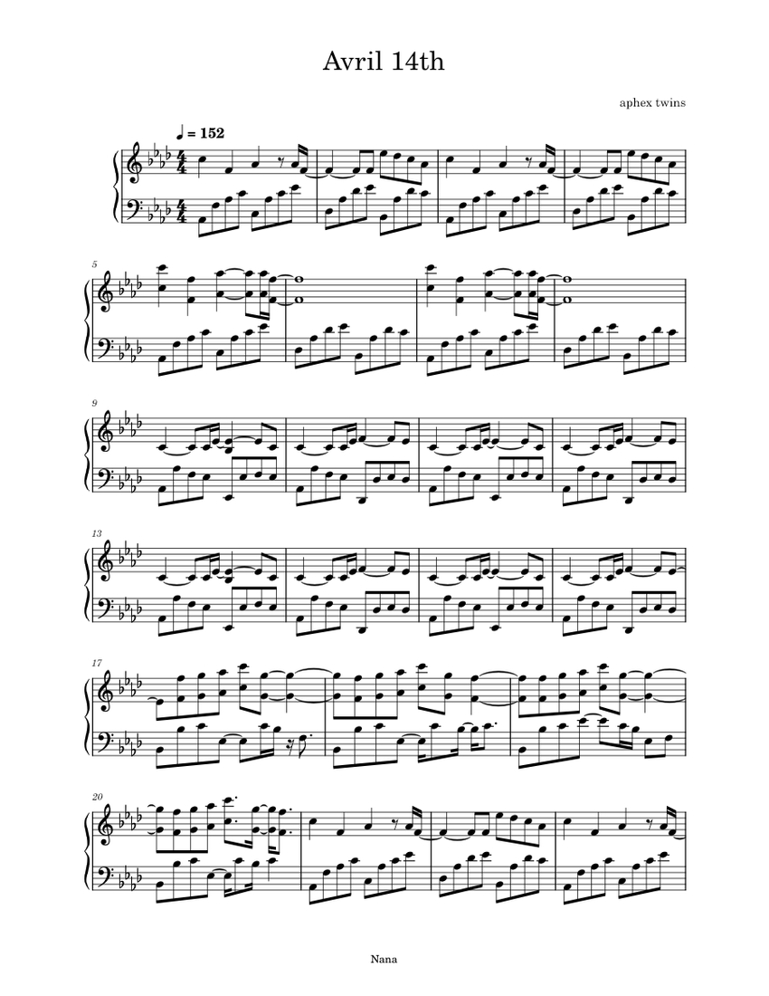 Avril 14th Aphex Twin Sheet music for Piano (Solo)