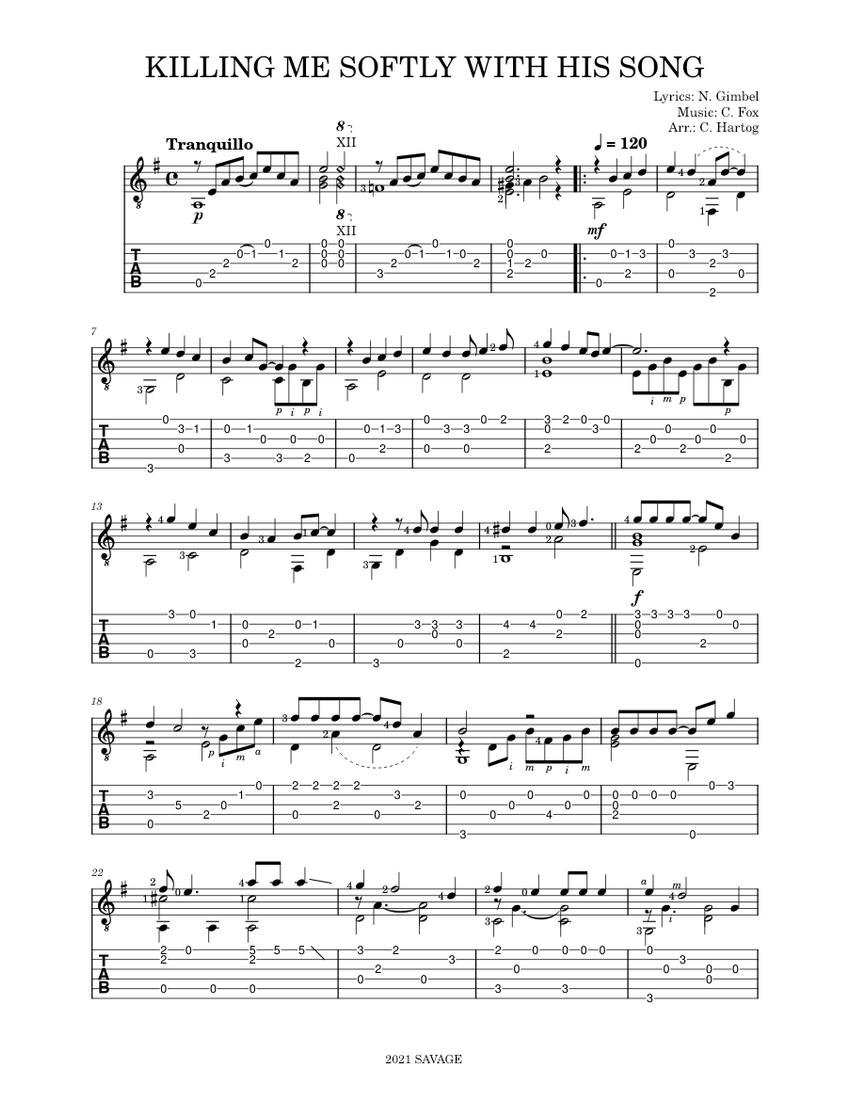 KILLING ME SOFTLY WITH HIS SONG Sheet Music For Guitar (Solo ...