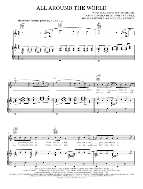 All around the world - Justin Bieber (Piano-Vocal-Guitar)