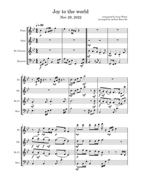 Joy To The World for woodwind quartet