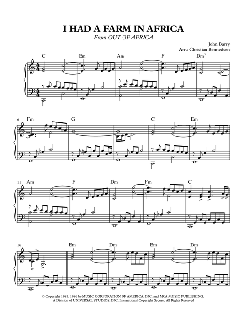 I Had A Farm In Africa (main Title) (Arr. Christian Bennedsen) - John Barry (Piano Solo)