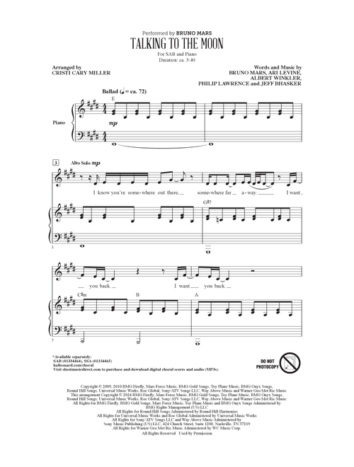 Talking To The Moon (arr. Cristi Cary Miller) - Bruno Mars (Choral, SAB)