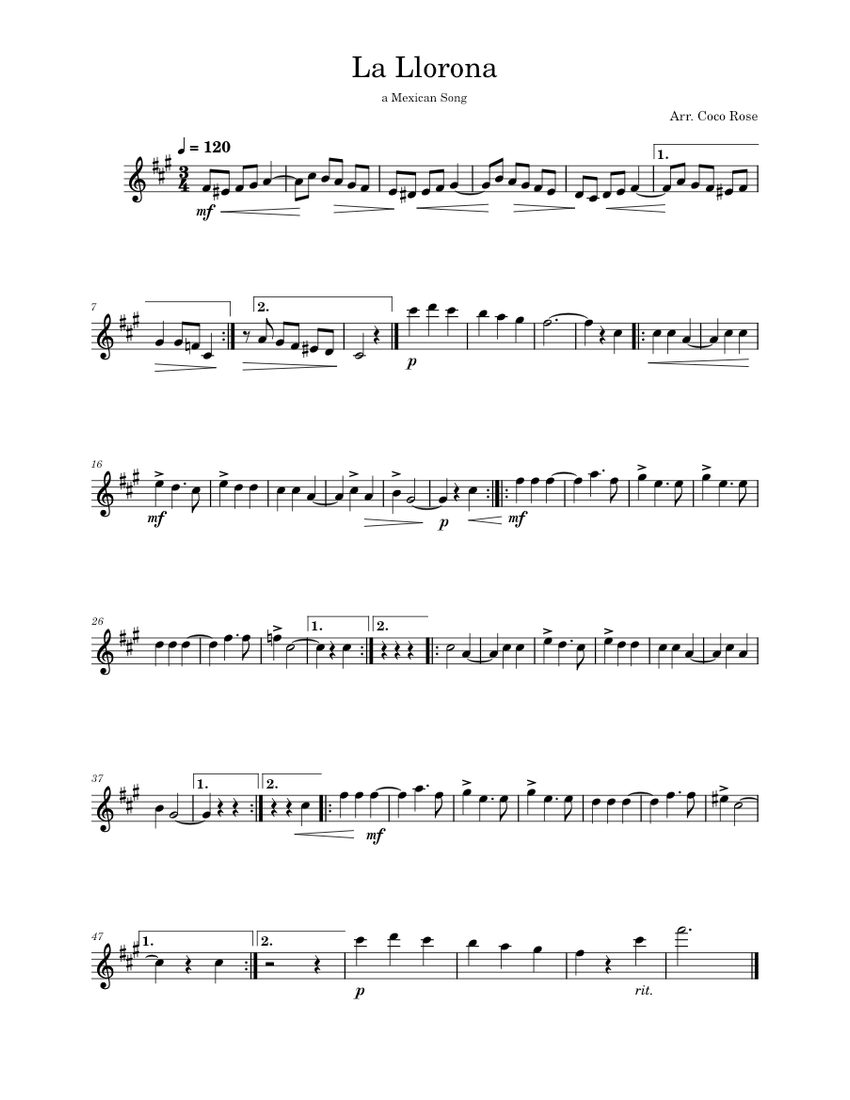 La Llorona Mexican Folk Songs La Llorona for Solo Violin Sheet music