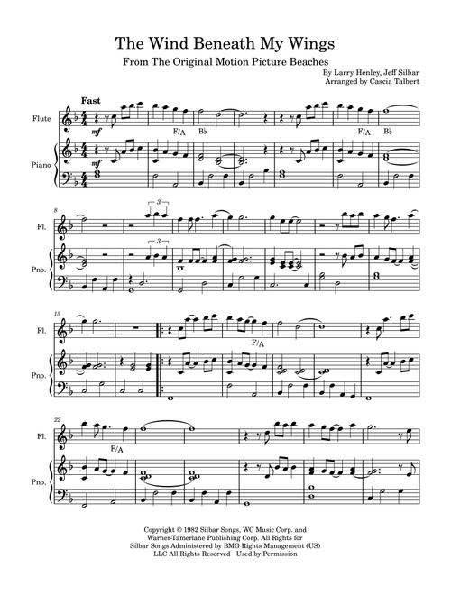 The Wind Beneath My Wings (Arr. Cascia Talbert) - Bette Midler (Flute and Piano)