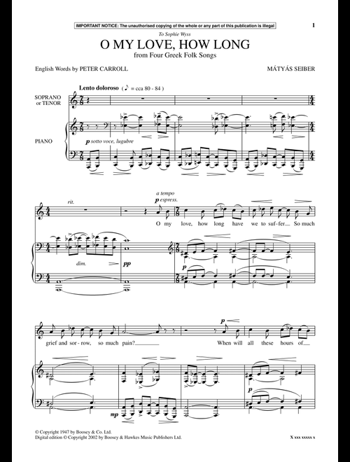 O My Love, How Long (from Four Greek Folk Songs) - Mátyás Seiber (Piano Vocal)