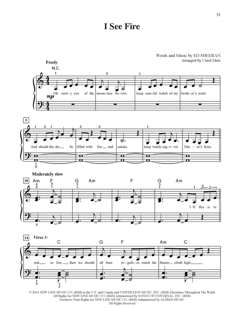 I See Fire (from The Hobbit: The Desolation of Smaug) (arr. Carol Matz) - Ed Sheeran (Big Note Piano)