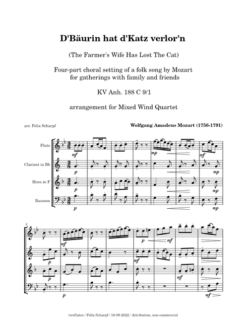 D'Bäurin hat d'Katz verlor'n - KV Anh. 188 C 9:1 - W. A. Mozart - arr. for Mixed Wind Quartet