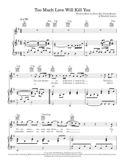 Too Much Love Will Kill You - Queen (Piano-Vocal-Guitar (Piano Accompaniment))
