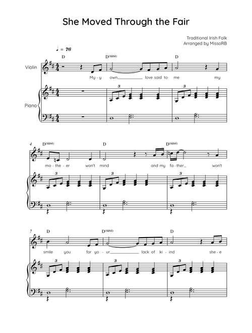 She Moved Through the Fair - Violin with Piano in D with Chords and Lyrics - Easy (Arr. MissoRB) - Traditional Irish Folk Song (Violin and Piano)
