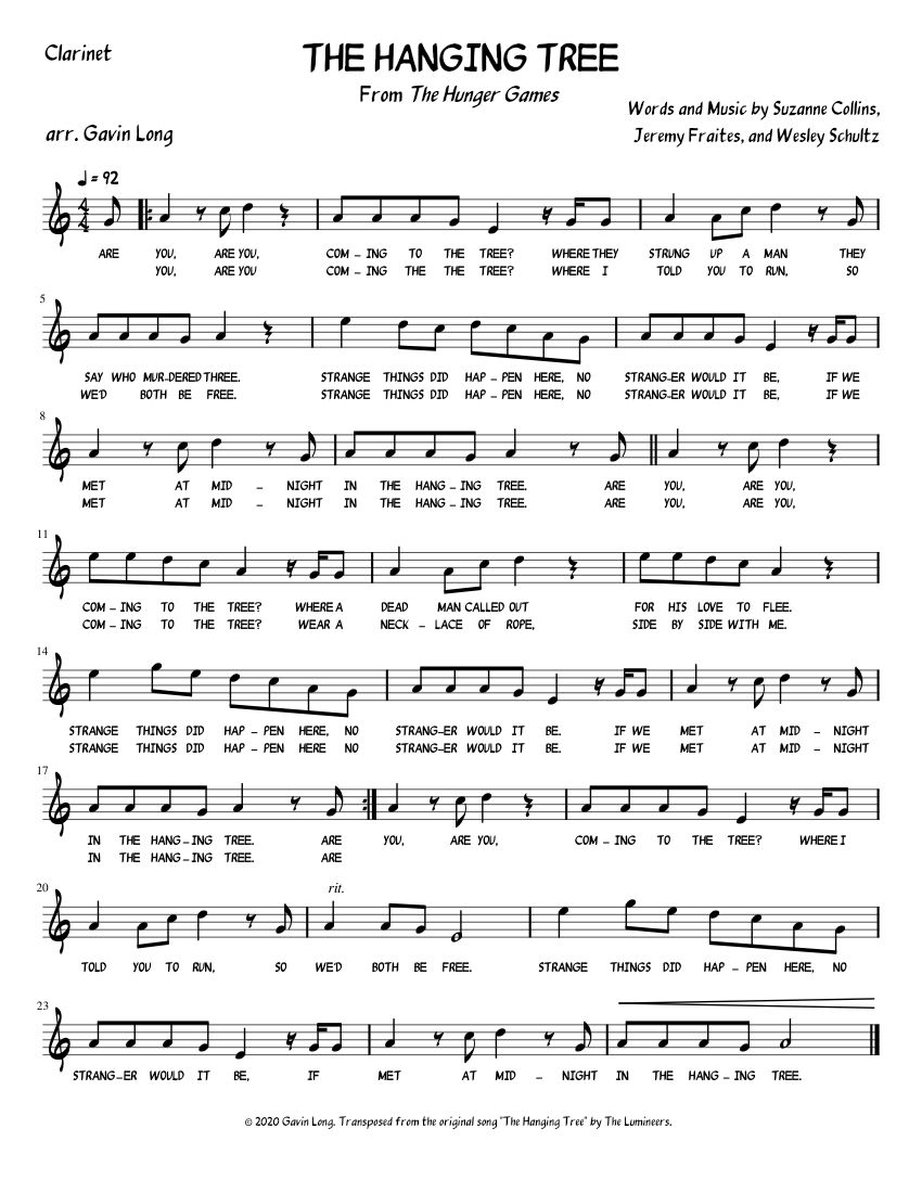 The Hanging Tree - Clarinet Sheet Music for Clarinet in b-flat