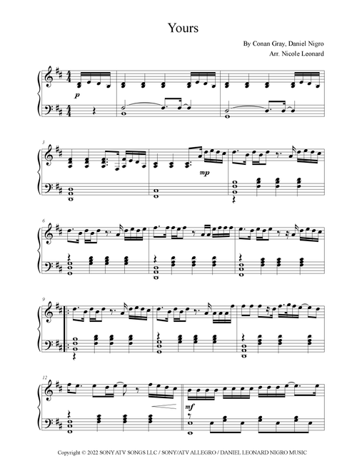 Yours (Arr. Nicole Leonard) - Conan Gray (Piano Solo)
