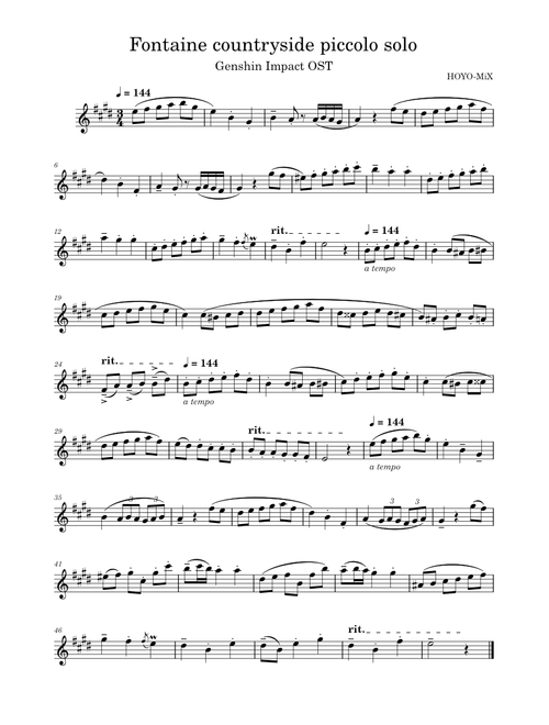 四季的悠游 Peripatetic Peregrination – Yijun Jiang Genshin Impact OST Fontaine Piccolo Solo