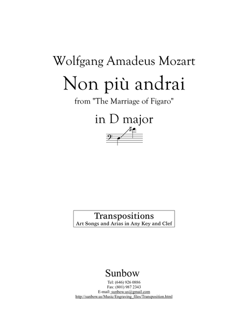 Mozart: Non più andrai (Transposed to D Major) (Arr. Sunbow) - Wolfgang Amadeus Mozart (Piano Vocal)