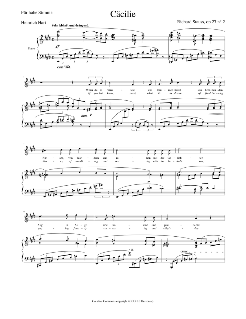 Cäcilie Richard Strauss op 27 N°2 Sheet Music for Piano