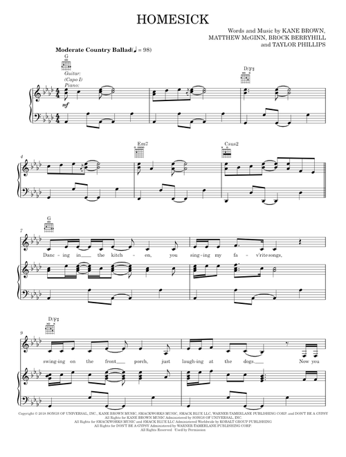 Homesick - Kane Brown (Piano-Vocal-Guitar)