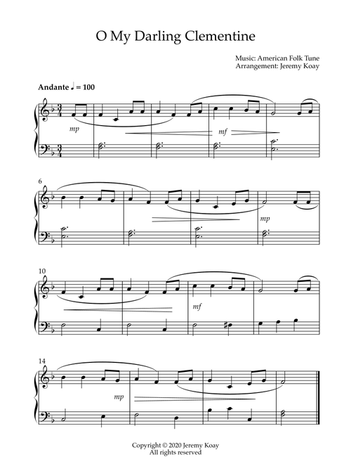O My Darling Clementine (beginner and early intermediate - solo piano) (Arr. Jeremy Koay) - American folk tune (Easy Piano)